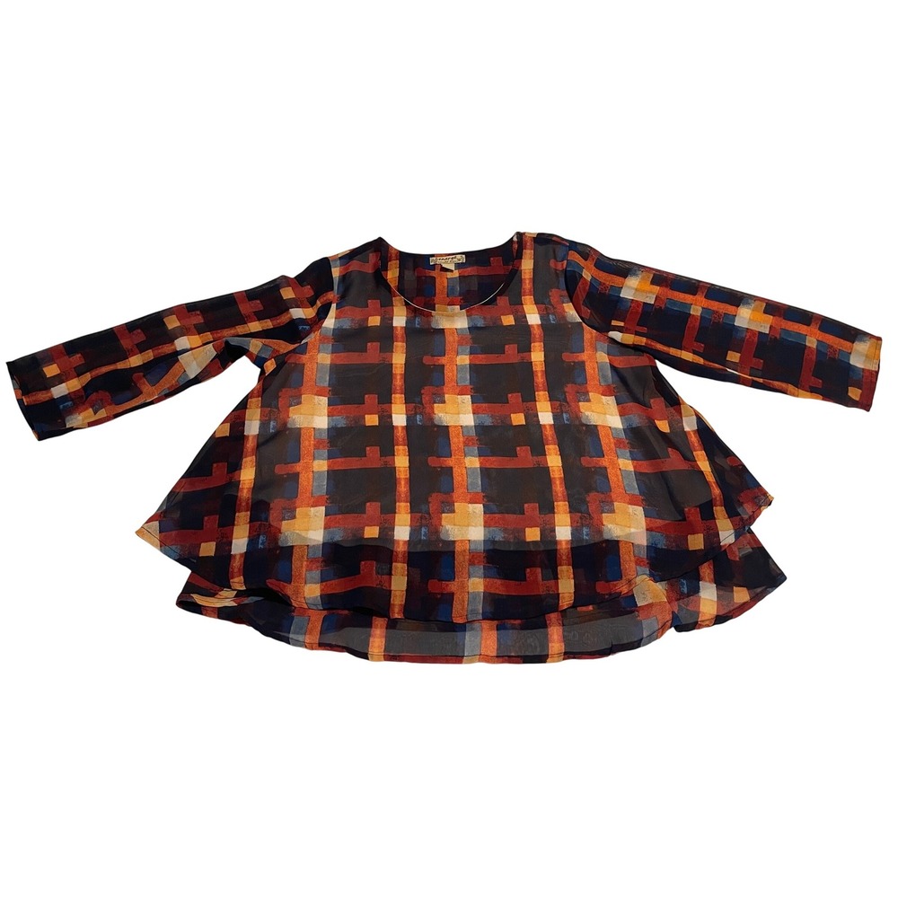 00718 Emerge World Wear Plaid Overlay‎ Tunic Top Women's Size S - Picture 3 of 9